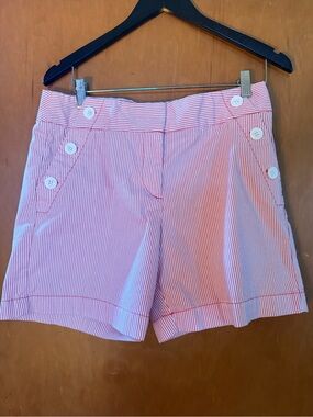 LOFT Pink & White Striped Bermuda Shorts with Button Trim